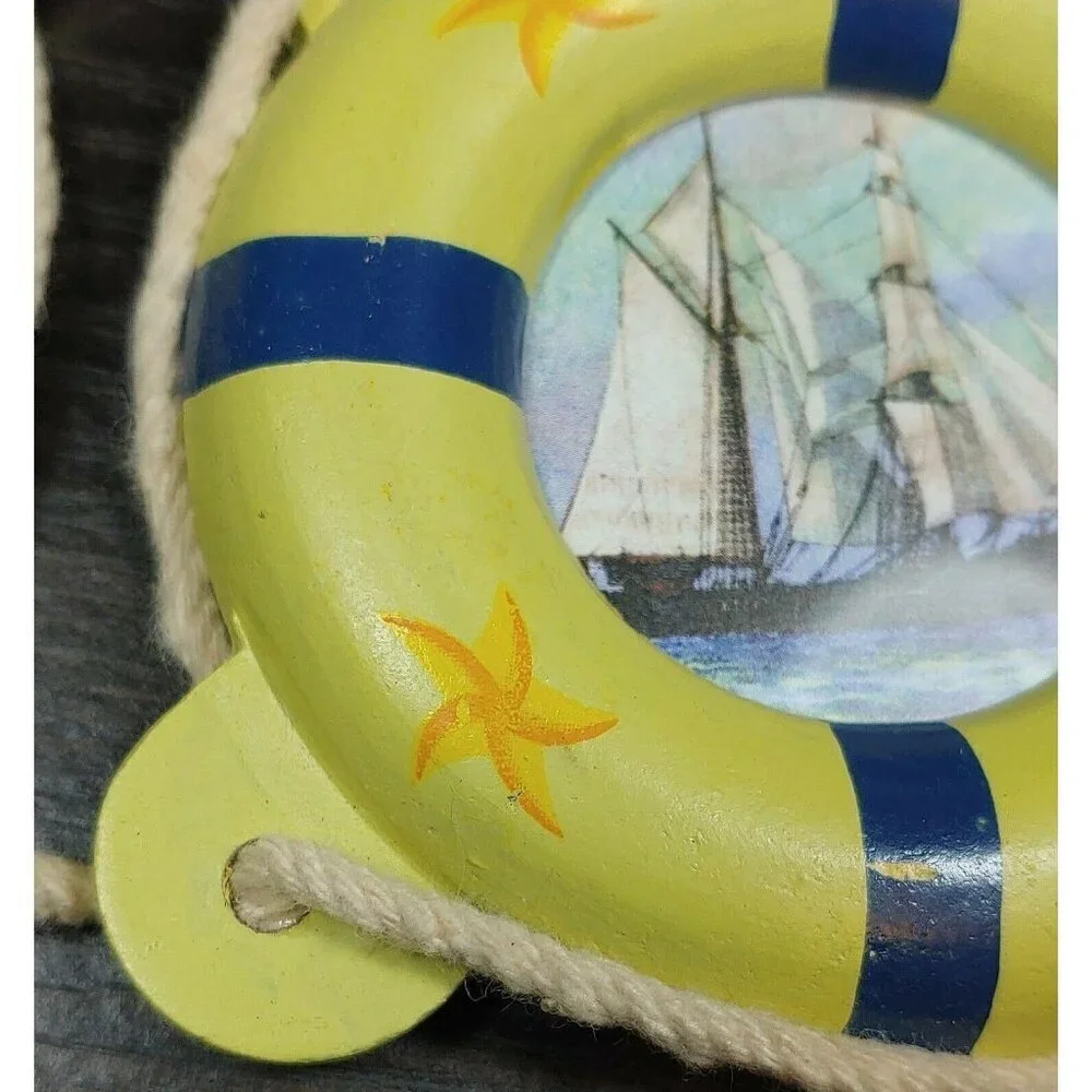Nautical Wooden Lifebuoy Wall Hangings With Sailboat Designs Set Of 3 Vintage
